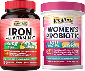 Supplément complexe de magnésium 6 en 1+ Probiotiques pour femmes 100 milliards CFU + supplément de fer, 65mg de fer carbonyle avec 250mg de vitamine C