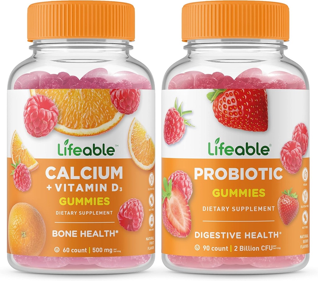 Calcium vital avec vitamine D + probiotique 2 milliards CFU, Gummies Bundle - Grande dégustation, supplément de vitamine, sans gluten, sans OGM, à mâcher