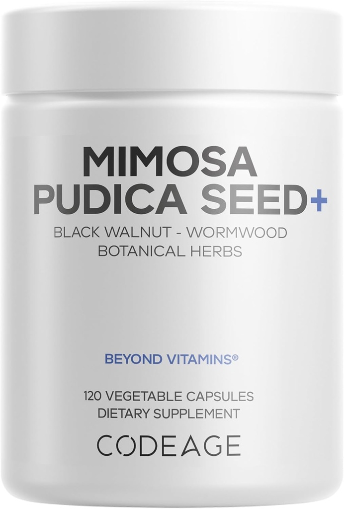 Codeage Organic Mimosa Pudica Seed Capsules - Mimosa Pudica Seeds Supplement - Noix noire, Cloves, Vidanga, Neem, BioPerine - Tous en un - Pilules végétales sensibles - Non-OGM & Vegan - 120 Capsules
