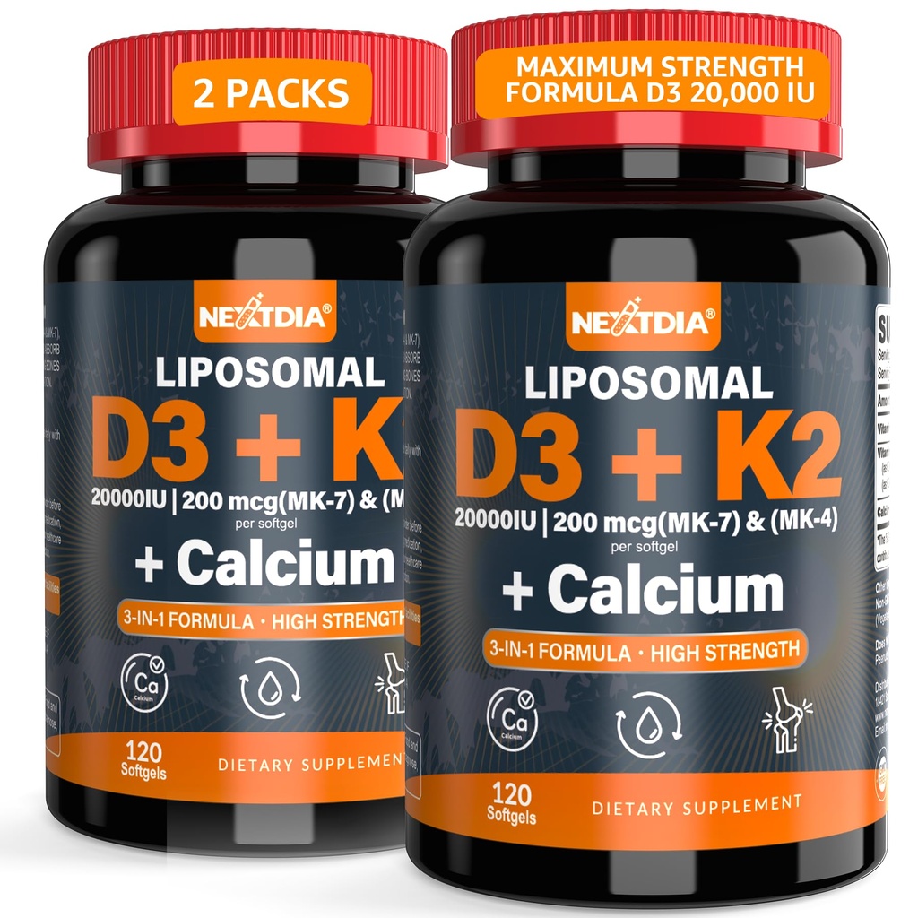 Vitamine D3 20 000 UI + K2 Vitamine (MK4 & MK7) 200mcg + Citrate de calcium, Vitamine optimale D3 K2 Softgel - os forts et muscles, absorption de calcium, aide aux carences en vitamine D, facile à avaler, 2Pack