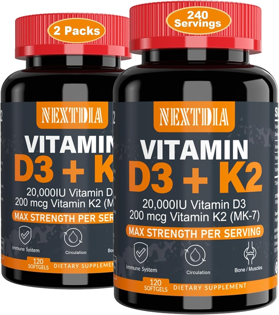 Vitamine D3 20,000 UI + K2(MK7) 200mcg-Optimal Vitamine D3 & K2-Support Bons forts et muscles, Absorption de calcium et santé immunitaire, Aider les carences en vitamine D, Facile à avaler, (paquet de 2)