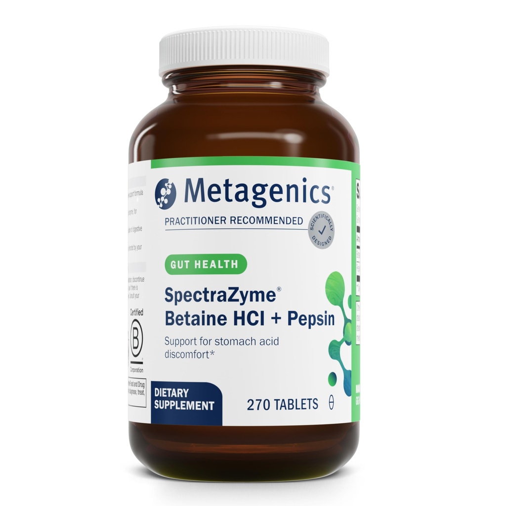 Métagène SpectraZyme Betaine HCI + Pepsin - Soutiens Stomach Health & Aids in Digestion* - avec Betaine HCl & Pepsin - Enzyme digestive protéolytique* - Non-OGM - 135 portions - 270 Comprimés