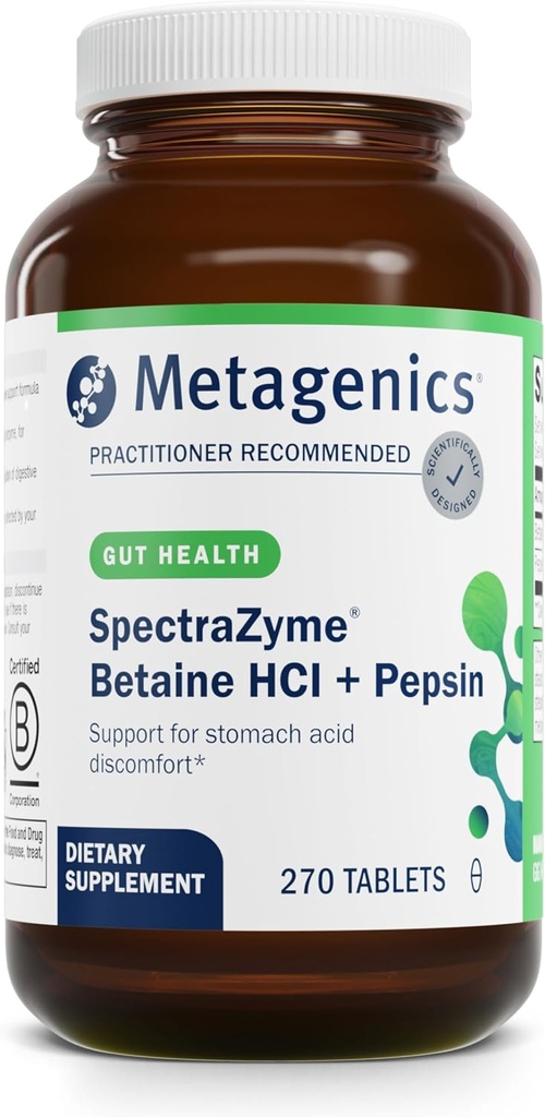 Métagène SpectraZyme Betaine HCI + Pepsin - Soutiens Stomach Health & Aids in Digestion* - avec Betaine HCl & Pepsin - Enzyme digestive protéolytique* - Non-OGM - 135 portions - 270 Comprimés