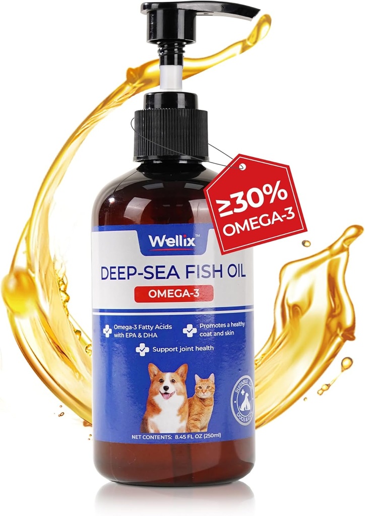 Wellix Omega 3 Huile de poisson pour chiens, meilleur que l'huile de saumon pour chiens, supplément d'huile de poisson pour chiens, supplément de peau et de manteau pour animaux de compagnie, favorise la santé cardiaque, articulaire et immunitaire, EPA & DHA