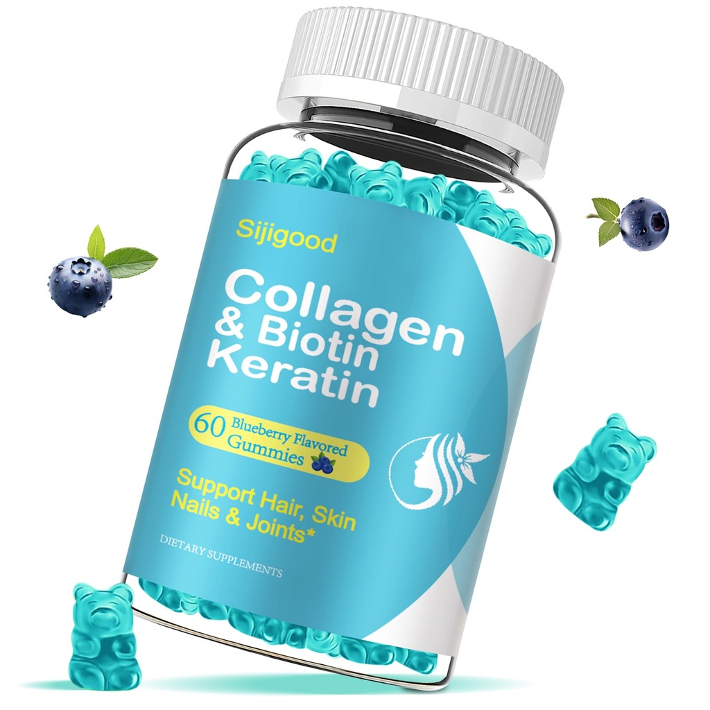 Gommies de biotine avec collagène, kératine, acide hyaluronique, vitamine pour la peau, croissance des cheveux, ongles, femmes Hommes Adultes Enfants - 60 Gommies aromatisées aux bleuets