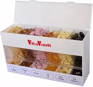 GMS VitaVault Vitamine & Pill Organizer - Medicine Cabinet Organizer with 6 Separate Large Commitments - Entreposez jusqu'à 60 Jours Worth de 6 Vitamines différentes - Convient aux suppléments de toutes tailles - 1 pc