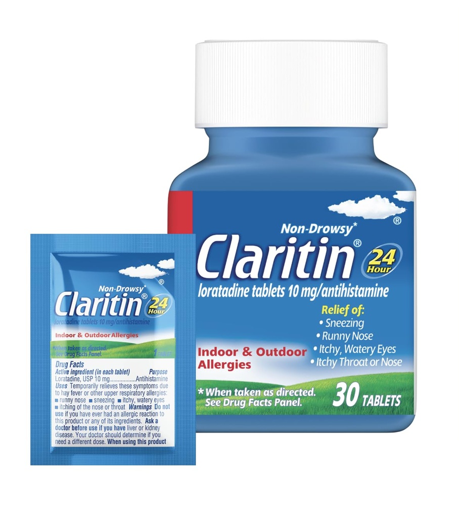Claritin Allergie Médicament pour adultes, 24 heures non somnolente Loratadine 10mg pilules, antihistaminique, 30 comprimés + 1ct de soulagement