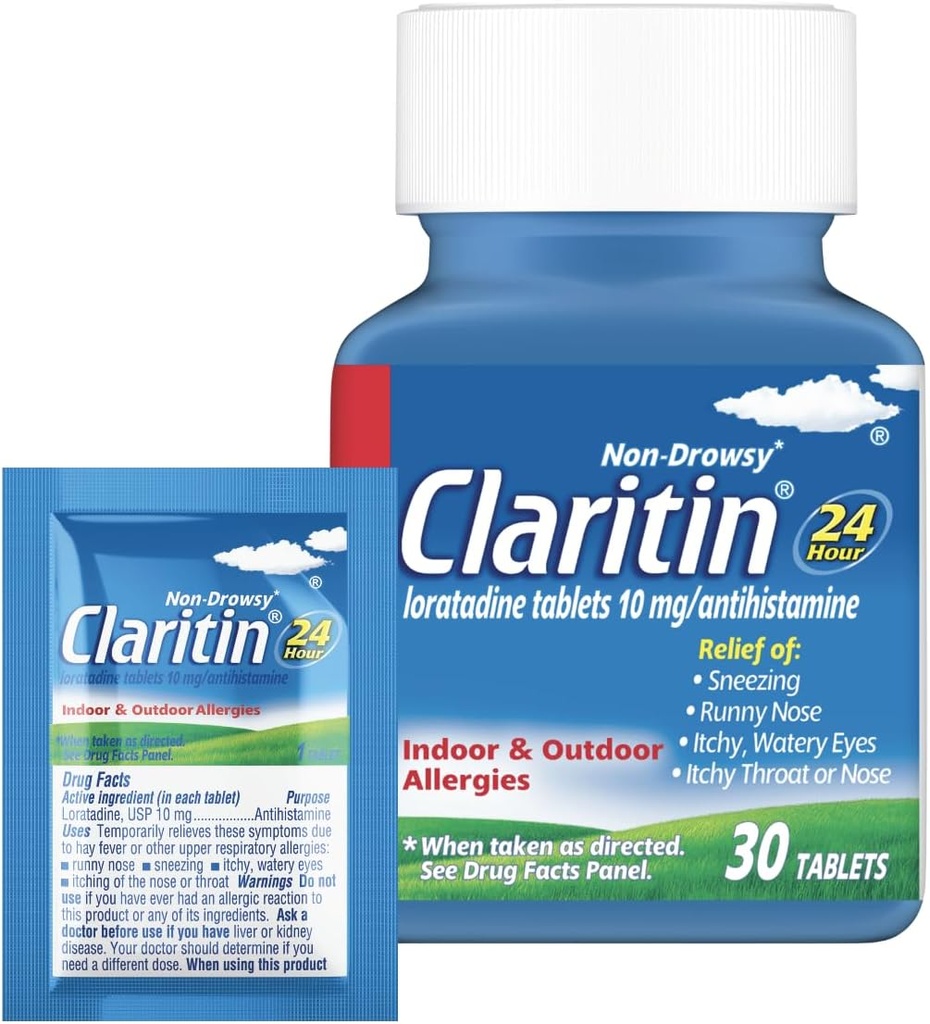 Claritin Allergy Medicine for Adults, 24-Hour Non-Drowsy Loratadine 10mg Pills, Antihistamine, 30 Tablets + 1ct On-The-Go Relief