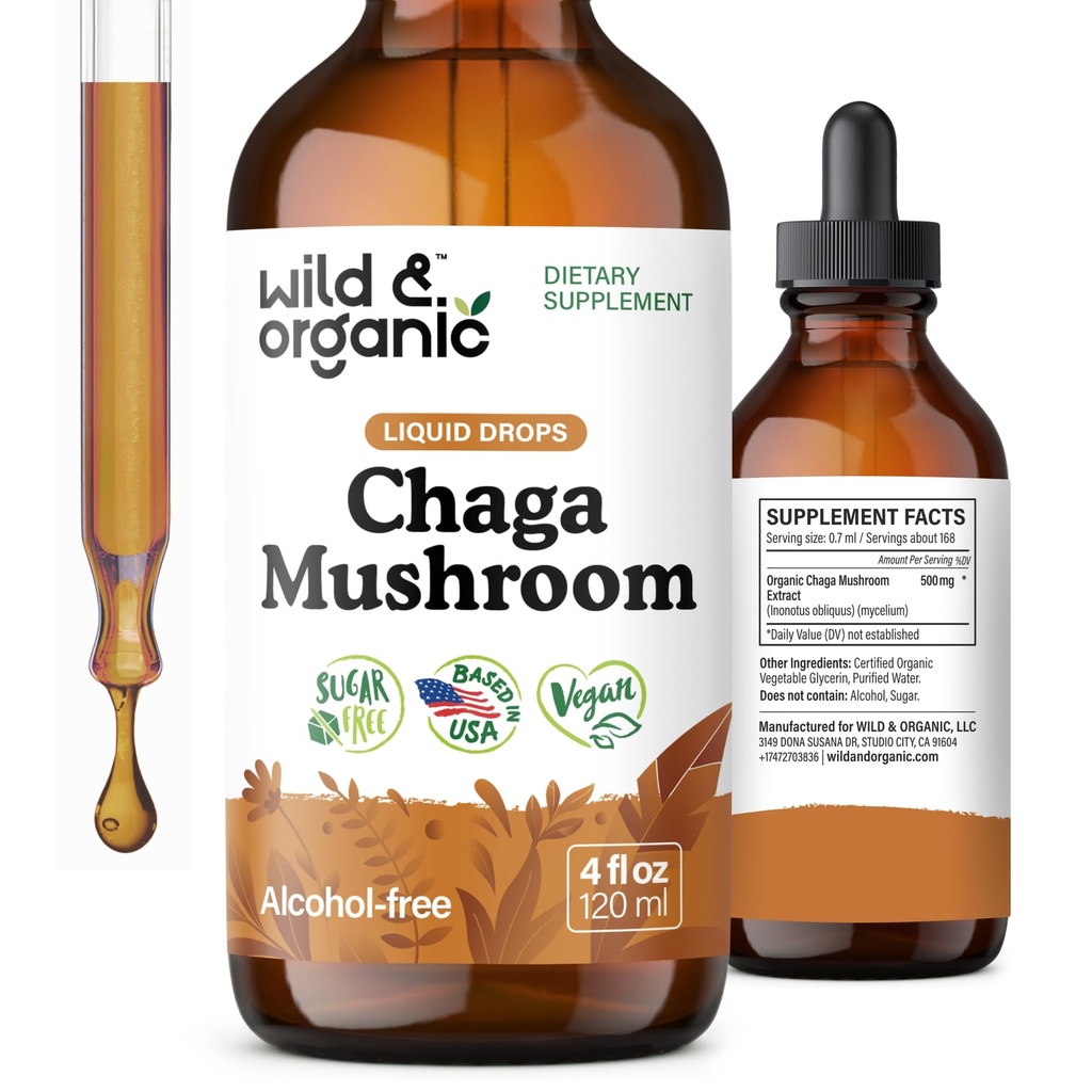 Drops de champignons de Chaga sauvage et biologique - Soutien immunitaire avec extrait de Chaga - Supplément de champignons liquides pour l'immunité - Teinture végétalienne, sans sucre et sans alcool - 4 fl oz