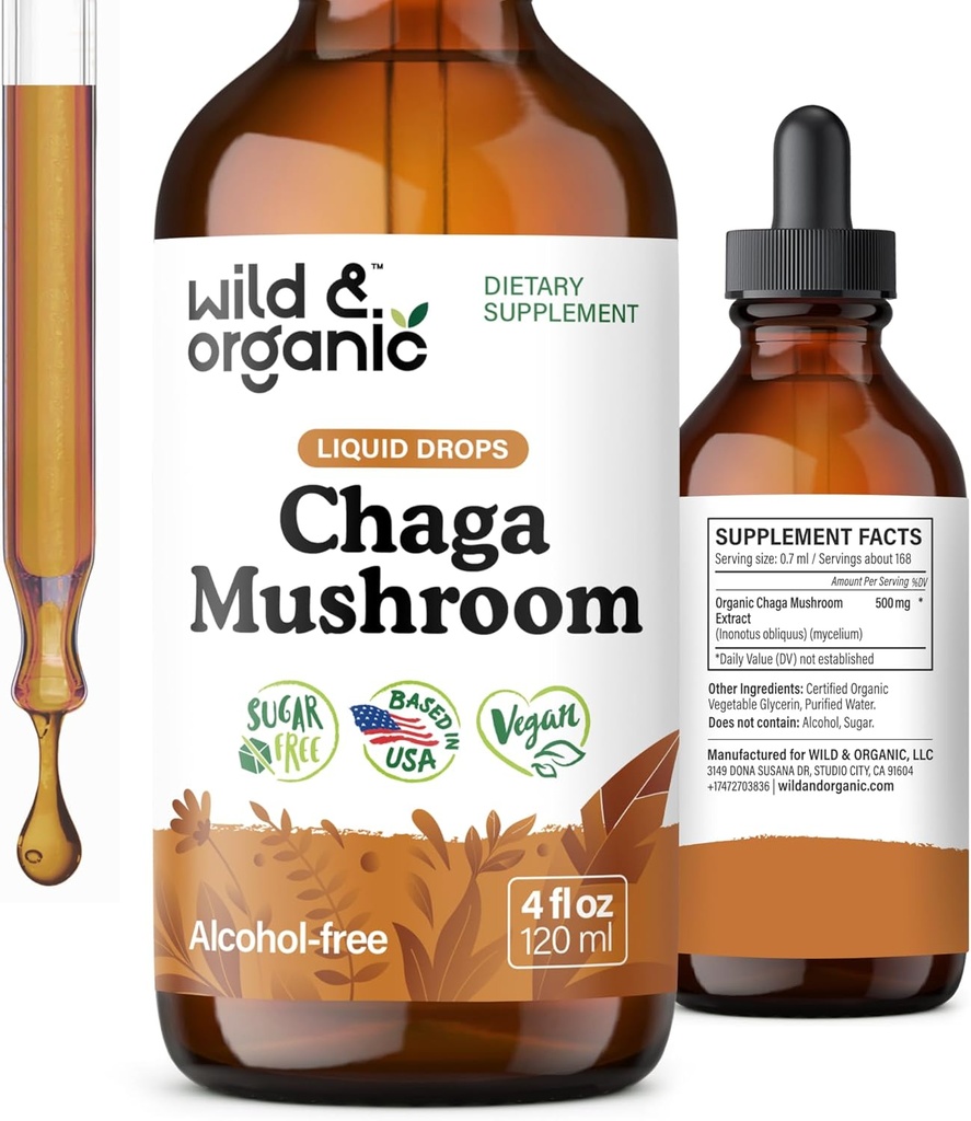 Drops de champignons de Chaga sauvage et biologique - Soutien immunitaire avec extrait de Chaga - Supplément de champignons liquides pour l'immunité - Teinture végétalienne, sans sucre et sans alcool - 4 fl oz