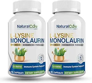 Natural Cure Labs L-Lysine + Monolaurin 600mg 1:1 Ratio, 2 Pack, 200 Capsules