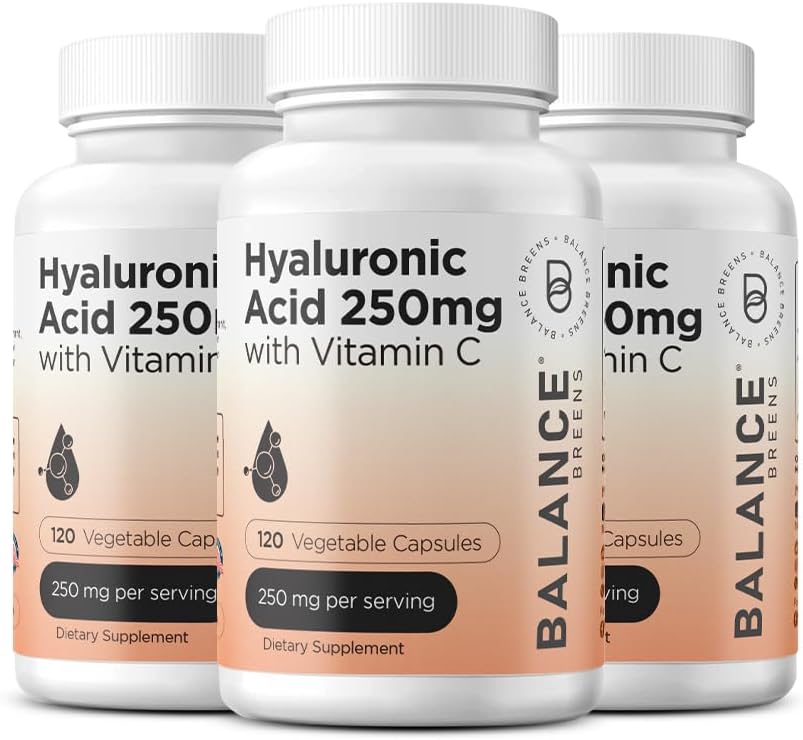 Supplément d'acide hyaluronique pur 250mg avec vitamine C 50mg, 120 Capsules Vegan - Hydratation de la peau pour Glow naturel, cheveux, ongles, os et formule de santé articulaire