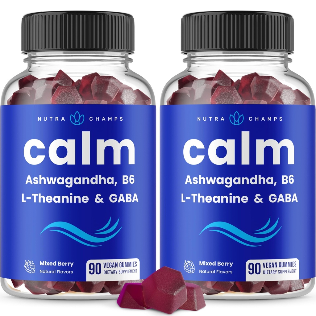 NutraChamps Gummies calmes, supplément de gommes de stress avec Ashwagandha, L-Theanine, GABA, vitamine B6 et baume de citron, 90 Gummies (paquet de 2)