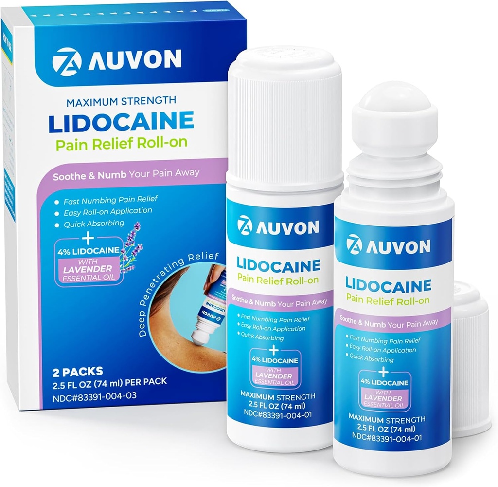 AUVON Max Strength Lidocaine Pain Relief Roll-On avec huile essentielle de lavande, pas d'applicateur de mess, absorption rapide au nombre et soulagement de la douleur pour les genoux, les épaules, FSA/HSA admissible, 2,5 OZ, 2 paquets
