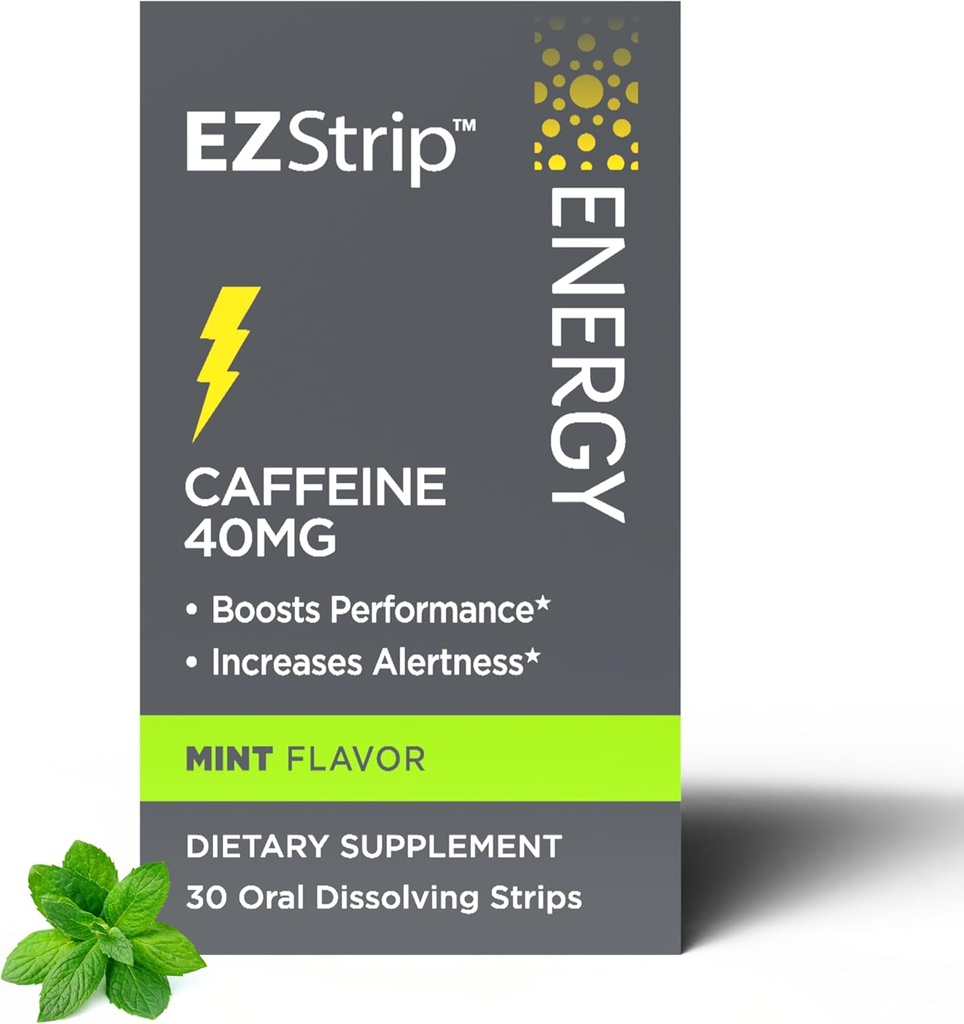 Suppléments d'énergie - Mint Flavor, 30 Comte - Dissoudre les bandes avec 40mg de caféine pour favoriser votre journée et stimuler les performances - Fabriqué aux États-Unis, sans sucre et sans gluten