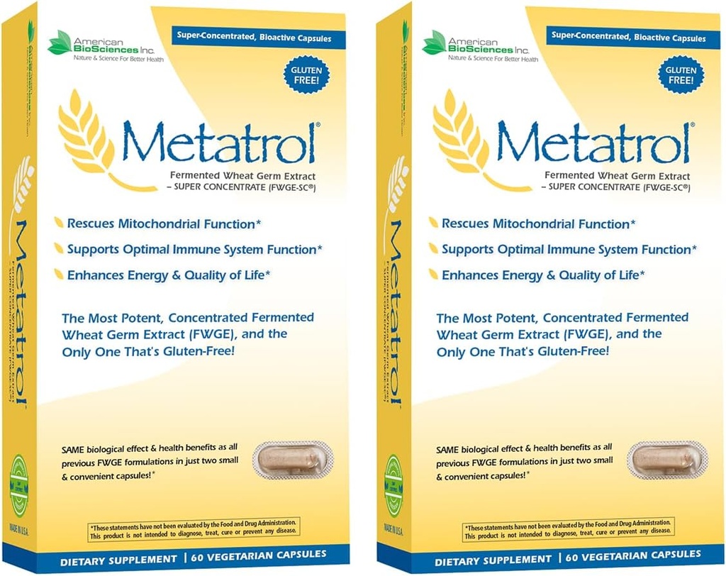 American BioSciences Metatrol 2-Box Bundle, Mitochondrial Rescue & Daily Immmune System Support Extrait de germe de blé fermenté - Super Concentrate, 60 Capsules par boîte, 41mg de FWGE-SC par portion