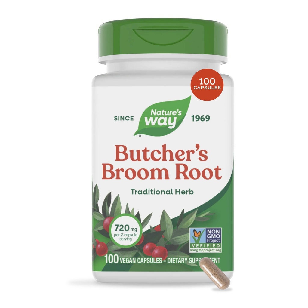 Nature's Way ButcherS Broom, Herbe traditionnelle, 720 mg par portion de 2 capsules, Projet non-OGM vérifié, 100 capsules végétaliennes (paquetage mai vary)