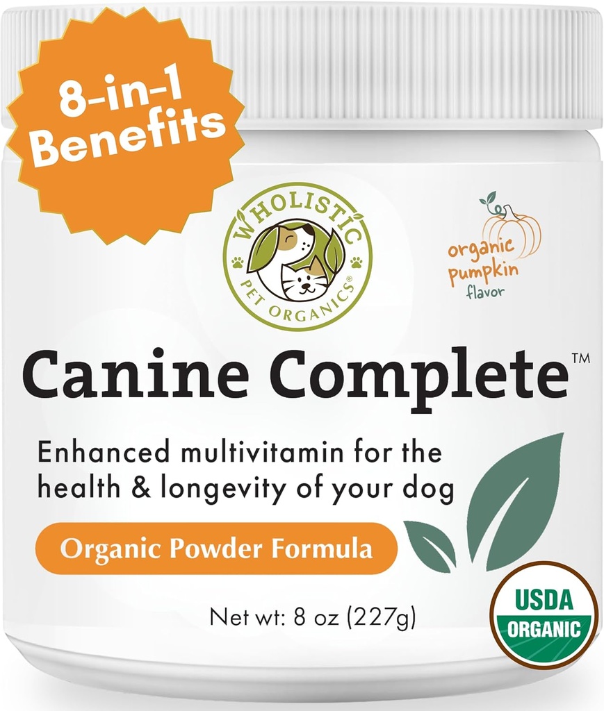 Wholistic Pet Organics Canine Complete - Poudre de multivitamines pour chien - 8 Oz - Vitamines et suppléments quotidiens pour chien pour aliments maison - Système immunitaire, peau, manteau et santé générale - Petite et grande race