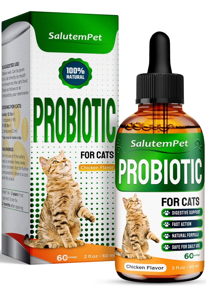 Probiotiques pour chats pour le soutien digestif – Probiotiques pour chats à l'intérieur Aide avec les stomachs coliques, upset, diarrhée, gaz et ballonnement – Prébiotiques + Agréable goût de poulet à l'intérieur – 2 Oz