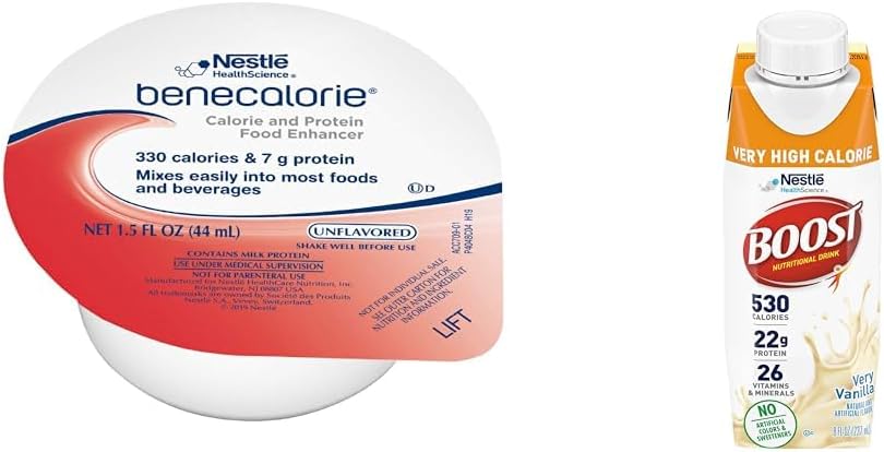 Benécalorie Enhancer de calories et de protéines - Non aromatisé (330 calories, 7g de protéines) - 1,5 fl oz tasses et boost Très haute calories Vanille boisson nutritionnelle – 22g de protéines, 530 nutriments riches en calories, 8 Fl Oz