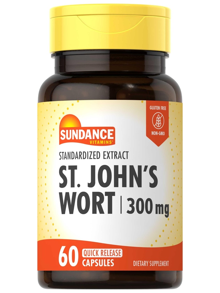 Sundance St. John's Wort Capsules $ 300mg $ 60 Compte $ Extrait normalisé non-OGM et sans gluten