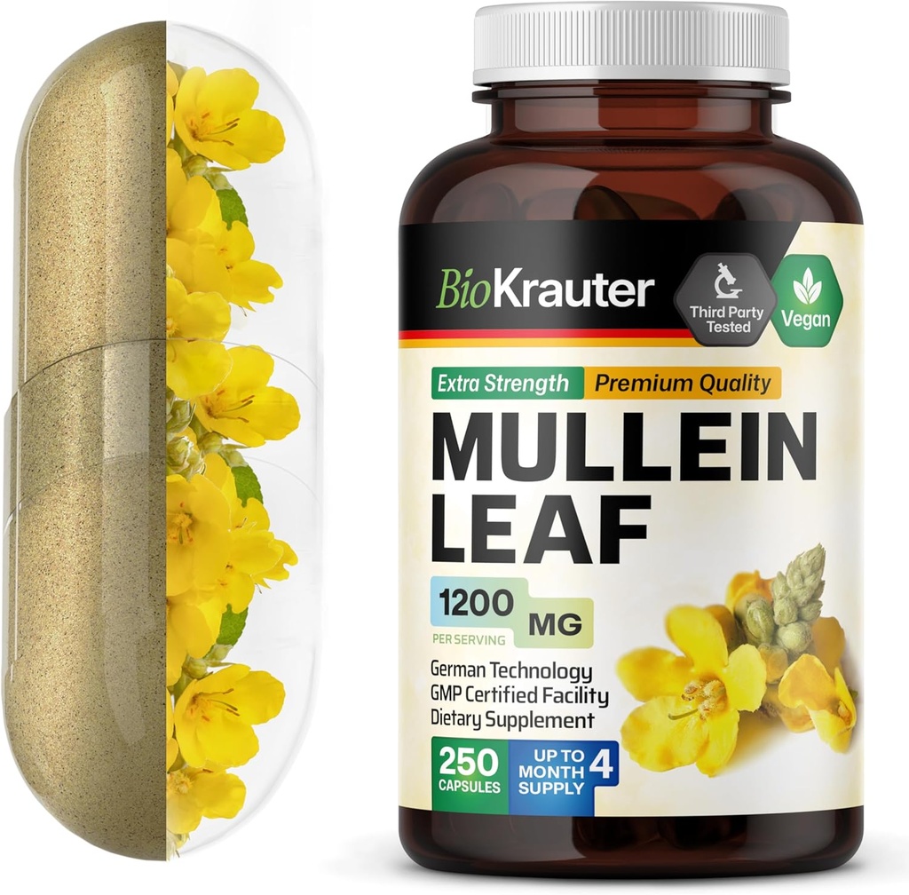 BIO KRAUTER Capsules Mullein 1200 mg 250 Compte - Extrait de feuille de Mullein végétalien pur pour les poumons - 125 jours d'approvisionnement - Suppléments de nettoyage pulmonaire et de soutien respiratoire - Non-OGM