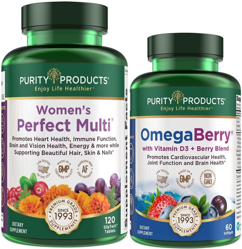 Produits de pureté Femmes Perfect Multi + OmegaBerry Huile de poisson Multi pour femmes (supprime la santé urinaire, immunitaire, os, cheveux, peau, ongles + Plus) - OmegaBerry (1250mg Omega-3, vitamine D3 + Plus)