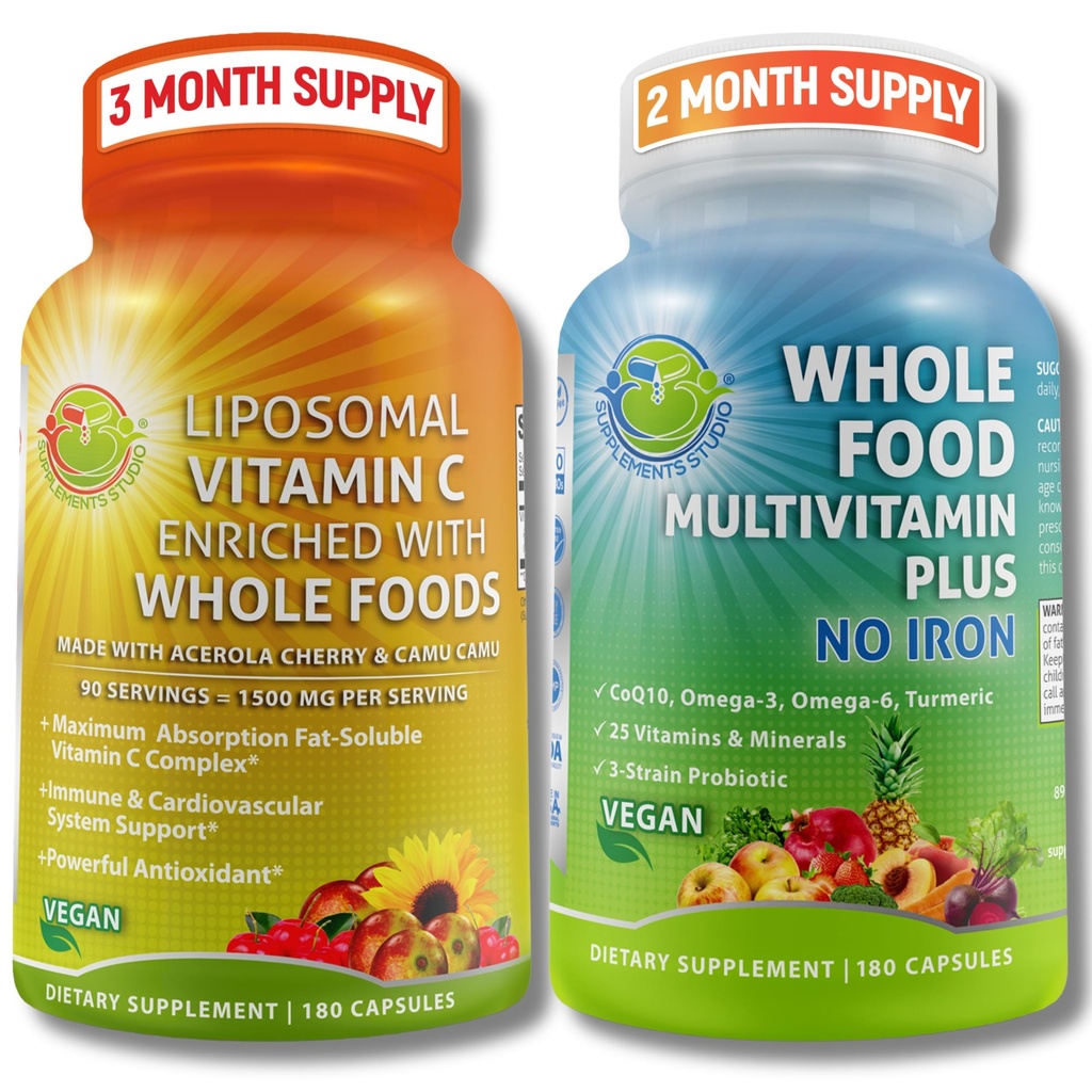 Vitamine liposomique C 1500mg + Multivitamine d'aliments entiers végétaliens sans fer - Ensemble de soutien énergétique et immunitaire avec cerise acérola biologique, Camu Camu et enrichi avec des aliments entiers – Non-OGM, étiquette propre