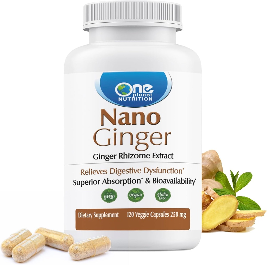 One Planet Nutrition Nano Ginger Root 250 mg Capsules de légumes (120 portions), Extrait de racine de gingembre pur, Nano pour l'absorption supérieure, améliore la santé digestive, non OGM, sans gluten végétalien
