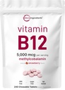Micro-ingrédients Vitamine B12 5 000 mcg (Méthylcobalamine – 240 comprimés à croquer) Désolation rapide, saveur de fraise naturelle Soutient l'énergie et le métabolisme Santé