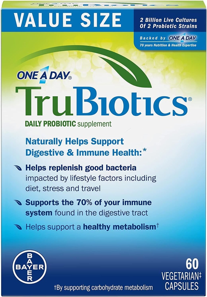 TruBiotics Daily Probiotics, 60 Capsules - Sans gluten, Sans soja Digestion + Supplément de soutien de santé immunitaire pour les hommes et les femmes