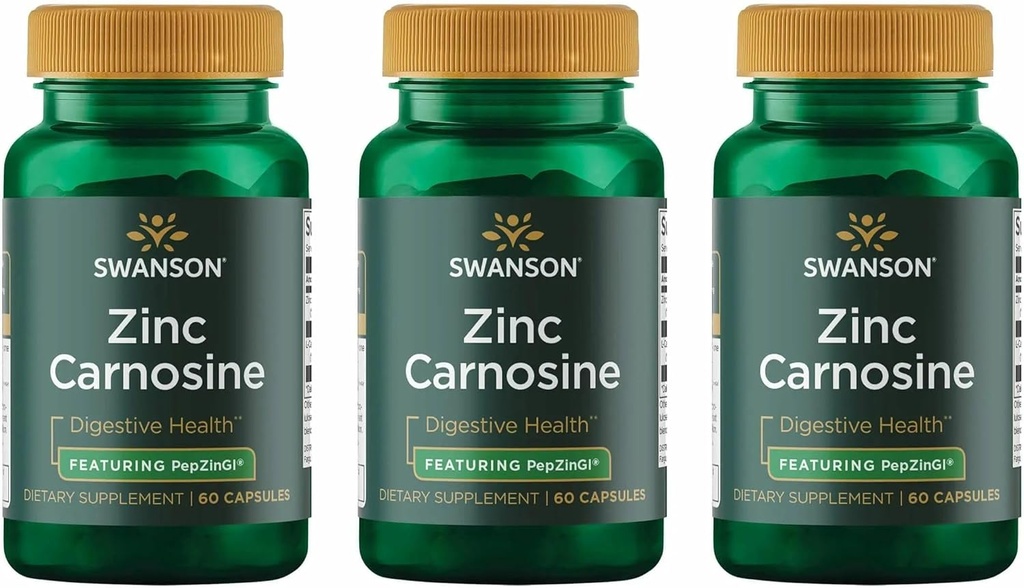Swanson Zinc Carnosine (PepZin GI) - Natural Supplement Promoting Gastric Health & Digestive Support - Supports Microbial Balance in The Stomach - (60 Capsules) (3 Pack)