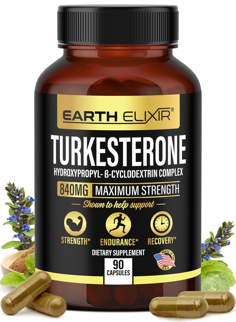 Terre Elixir Turkestérone 840 mg (90 Capsules) – Fabriqué aux États-Unis - 3ème partie testé - 100% pur supplément de Turkestérone pour les hommes et les femmes - Extrait d'Ajuga Turkestanica - Augmenter l'énergie et la force naturelles