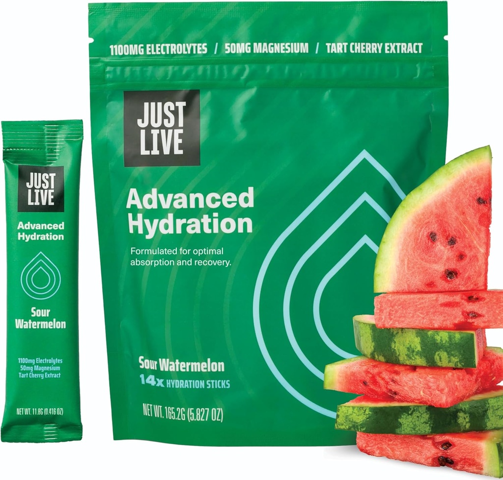 Just Live Advanced Hydration - Sour Watermelon, Electrolyte Drink Mix, Tart Cherry Extract, Supports Recovery & Absorption, Low Sugar, 14 Pack