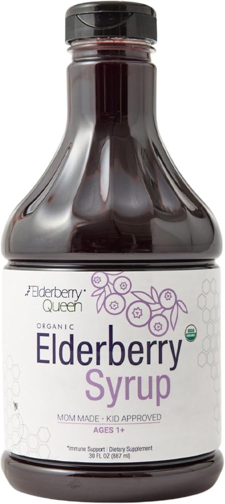 Sirop de mûre aînée biologique Queen 30 Fl Oz - Formule de soutien immunitaire avec Sambucus Black Elderberry & Aronia Berry - Sirop de mûre aînée biologique certifié pur naturel pour les enfants et les adultes