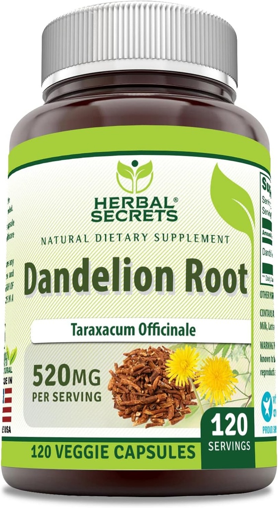 Secrets à base de plantes Supplément de racine de dandelion $ 520 Mg $ 120 Capsules de légumes $ Non-GMO $ Sans gluten $ Fabriqué aux États-Unis