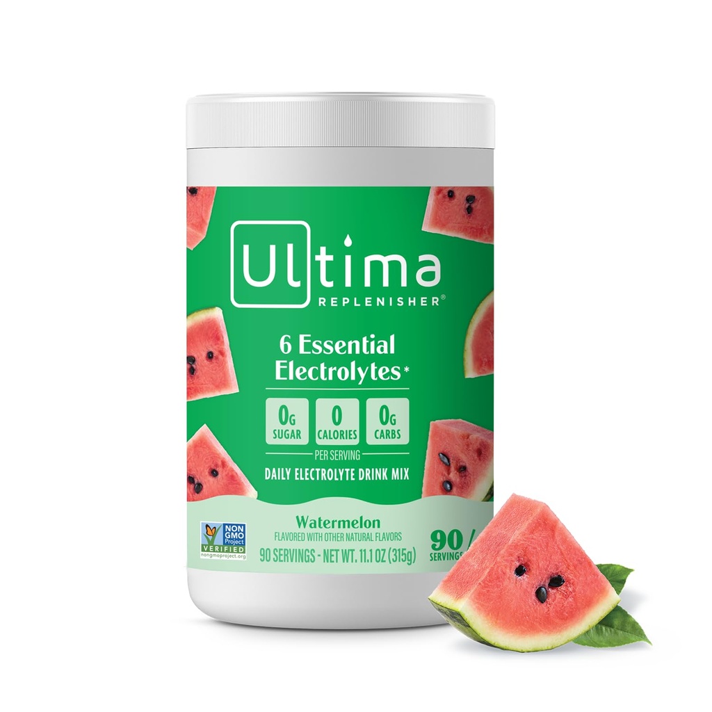Ultima Replenisher Mélange quotidien de poudre d'électrolyte – sans sucre – pastèque, 90 portions – poudre d'hydratation avec 6 électrolytes clés et minéraux traces – Keto Friendly, Vegan, non-OGM
