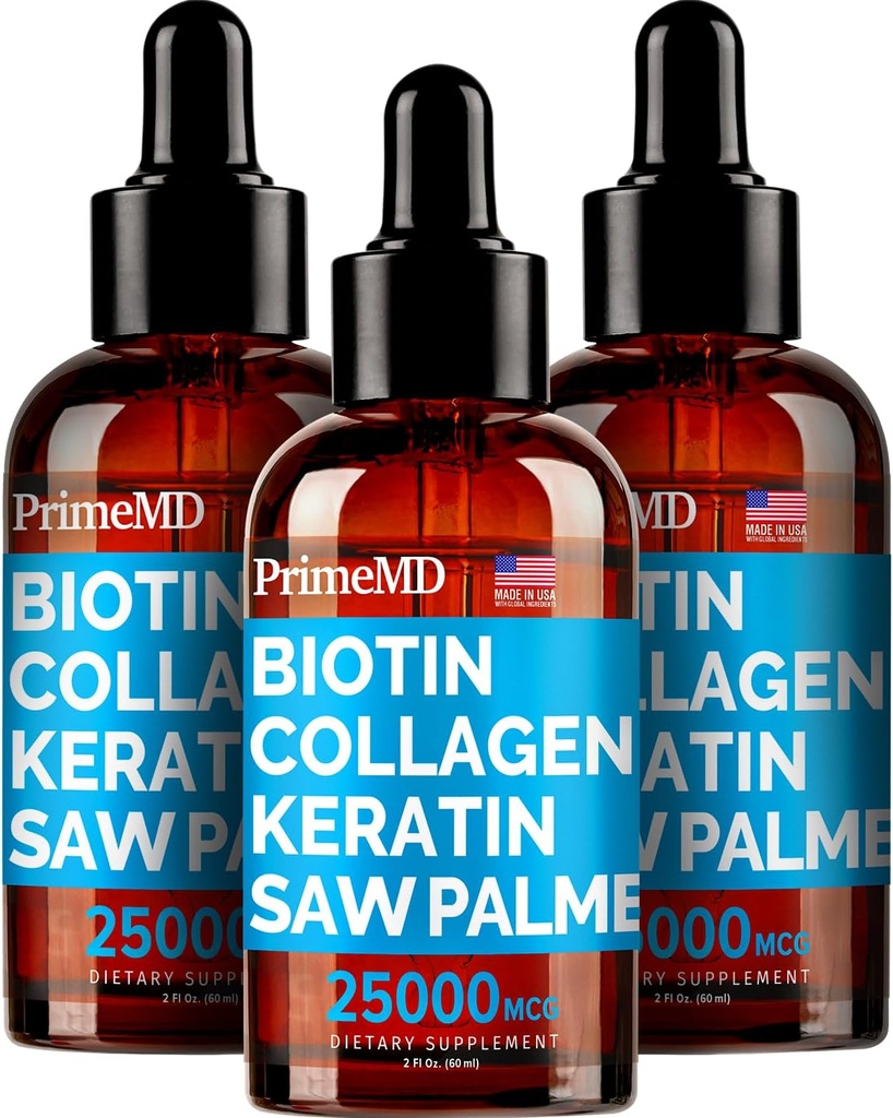 PrimeMD 4-in-1 Liquid Biotin Collagen Keratin Saw Palmetto Drops (3 Pack) Bundle - 25000mcg Hair Nails and Skin Vitamins for Women & Men - 2 Fl Oz Each, Watermelon Flavor, Gluten-Free, Non-GMO