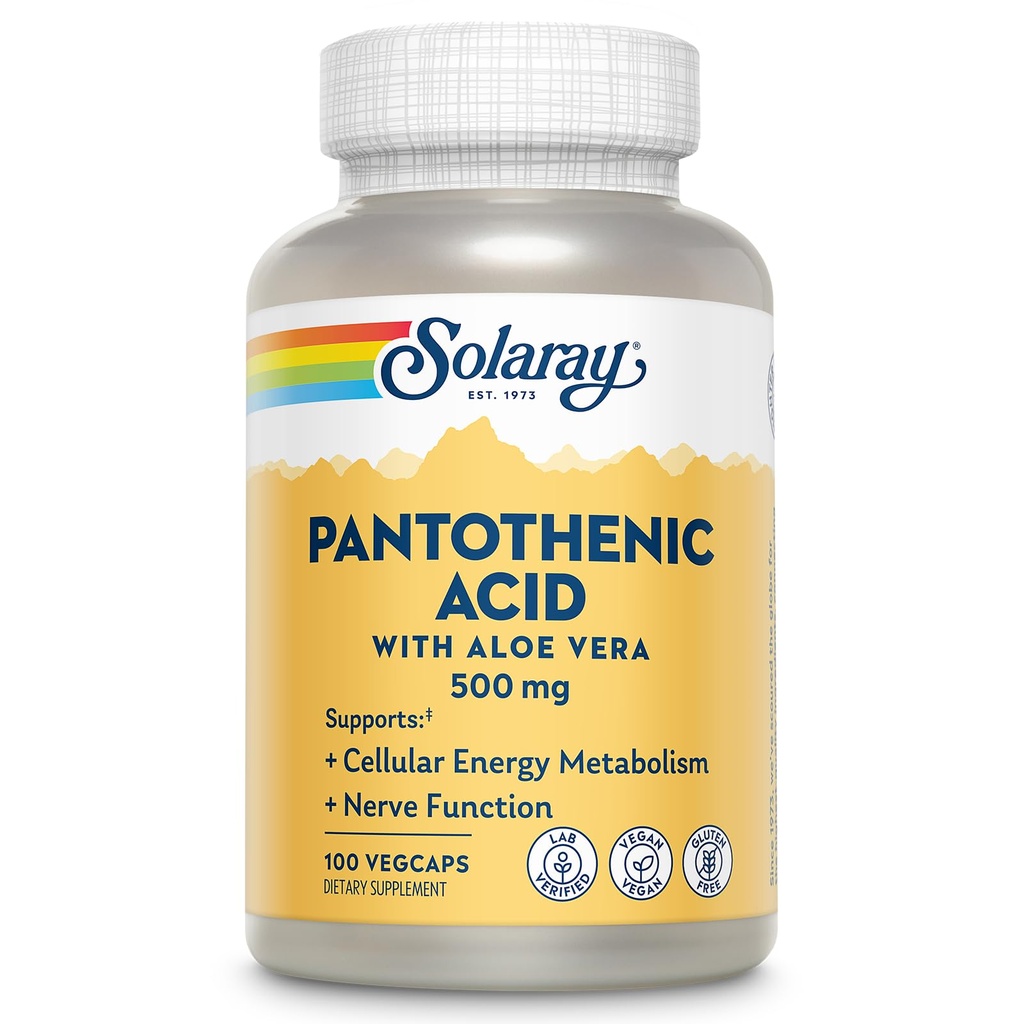SOLARAY Acide pantothénique 500mg - Vitamine B 5 pour Coenzyme-A Production et énergie Métabolisme, Cheveux, Peau et Nails Support - Vegan, Lab Vérifié, Garantie de 60 jours - 100 portions, 100 VegCaps