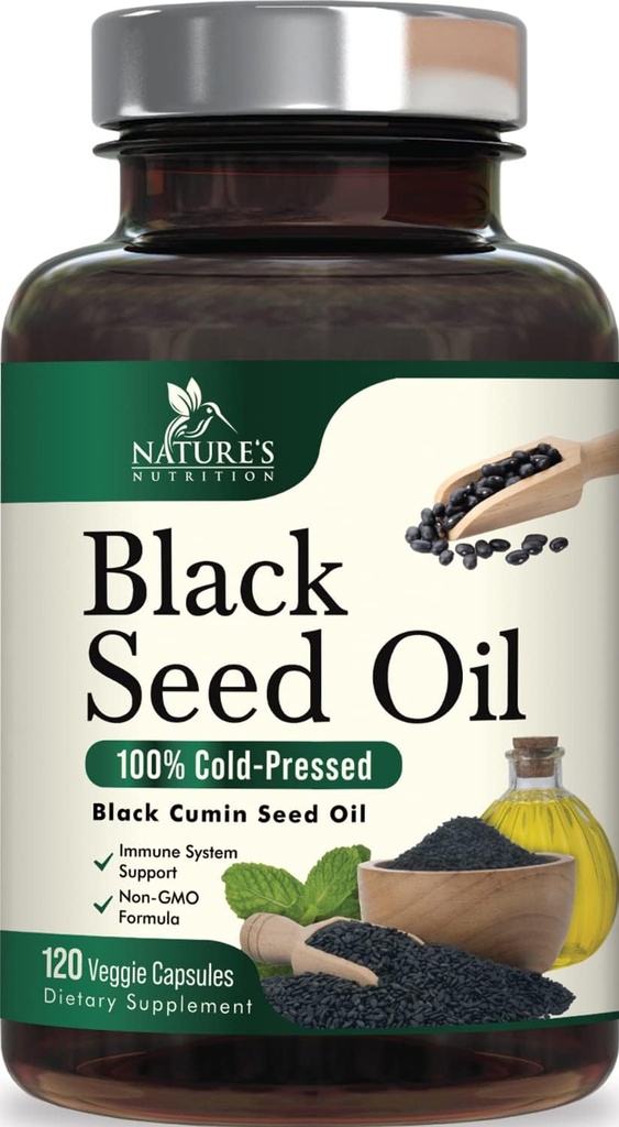 Black Seed Oil Softgels 1000mg - Premium Nigella Sativa Blackseed, Pure Natural Black Cumin Seed Oil & Antioxydant pour la peau et l'immunité Support - Non OGM, mis en bouteille aux États-Unis Supplément - 120 Softgels