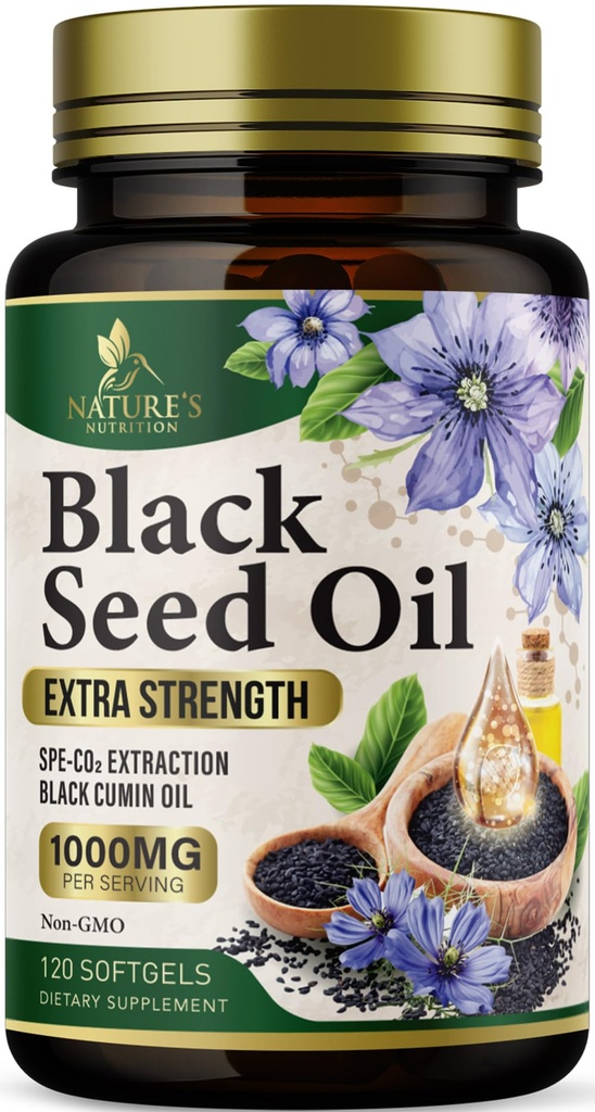 Black Seed Oil Softgels 1000mg - Premium Nigella Sativa Blackseed, Pure Natural Black Cumin Seed Oil & Antioxydant pour la peau et l'immunité Support - Non OGM, mis en bouteille aux États-Unis Supplément - 120 Softgels