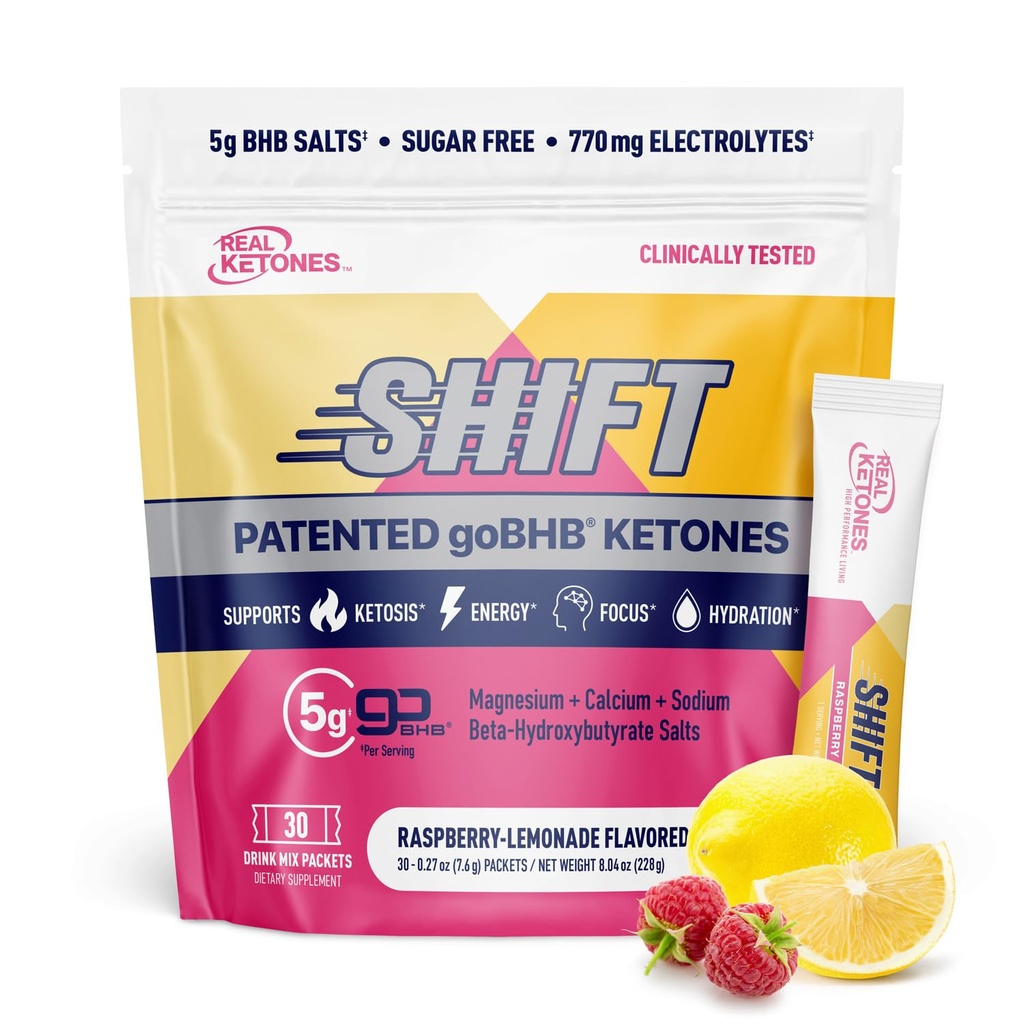 Real Cétones BHB Cétones exogènes Boissons Mélanges Packets de poudre d'électrolytes Pas de sucre, 4 Electrolytes à jeun principal Plus Hydratant breveté Keto BHB - 30 Compte Lémonade aux framboises