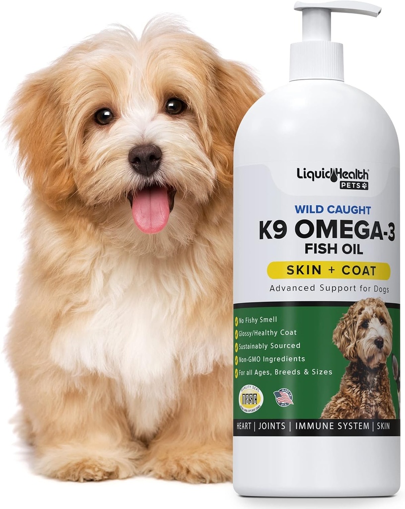 Animaux de santé liquides K9 Omega 3 Huile de poisson pour chiens - Liquid Omega 3 Supplément pour animaux de compagnie avec EPA + DPA + DHA - Réduire les démangeaisons et le défrichement, les articulations de soutien, l'immunité, le cerveau et la santé cardiaque - États-Unis Made (16 oz)