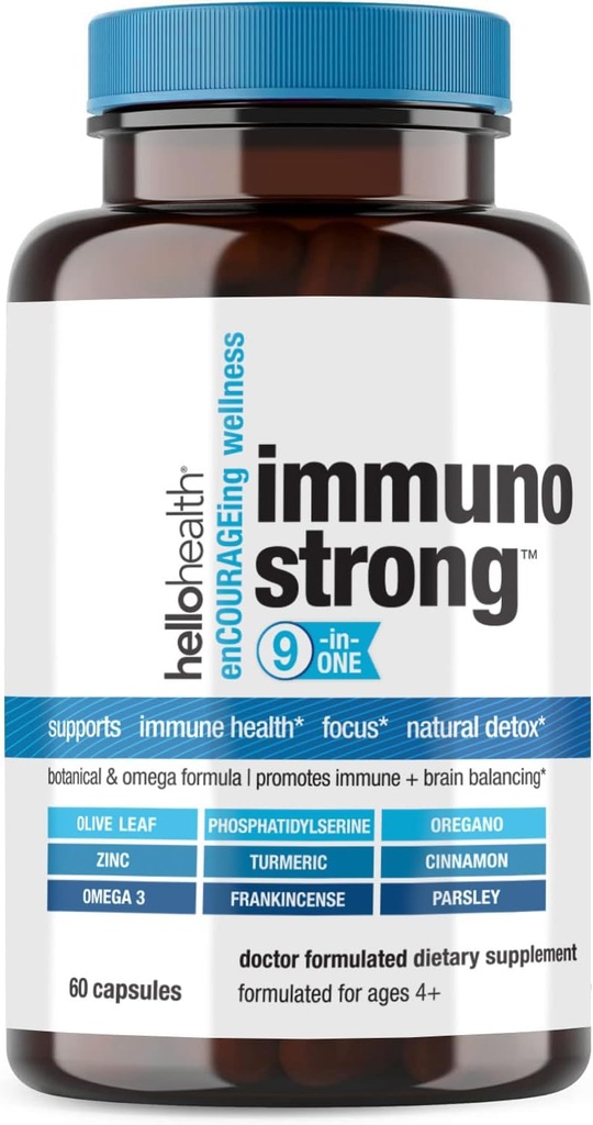 Supplément quotidien de soutien immunitaire Immunostrong 10-en-1 Immunity Vitamines avec Immune Booster Oregano, Olive Leaf, Antioxydant apaisant Omega 3, Curcumine et Zinc Vitamines pour adultes et enfants -60 ct