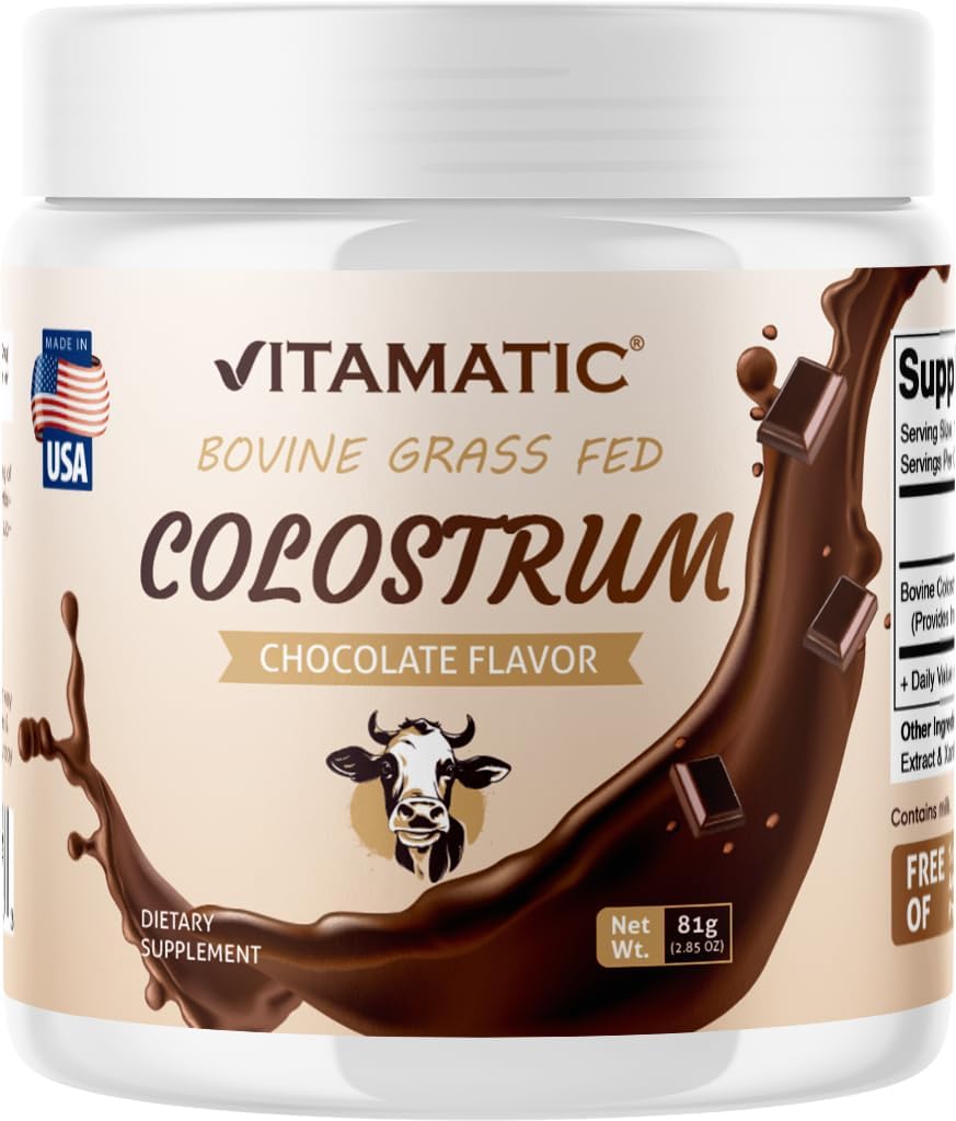 Poudre de colostrum bovin vitamatique - Supplément pour la santé des Guts, la croissance des cheveux, la beauté, la récupération musculaire, et le soutien immunitaire - Facile à mélanger - 81 Gram - 30 portions (arôme de chocolat)