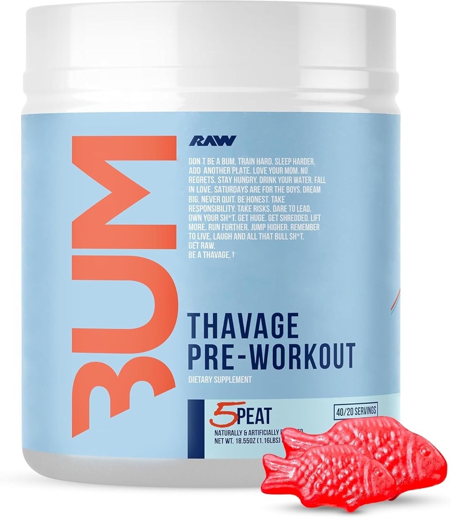 RAW Pre Workout Powder, Thavage (5 Tourbe, Gummy rouge) - Chris Bumstead Sports Supplément nutrition pour les hommes et les femmes - Cbum Pre Workout pour travailler dehors, hydratation, concentration mentale et énergie - 40 portions