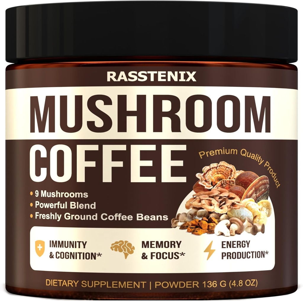 Mélange de champignons - 9 Mélange d'Adaptagène de champignons - Lion, Chaga, Vitamines - Rôtissement moyen foncé - Instantané - Immmune Support - Sans gluten et sans sucre
