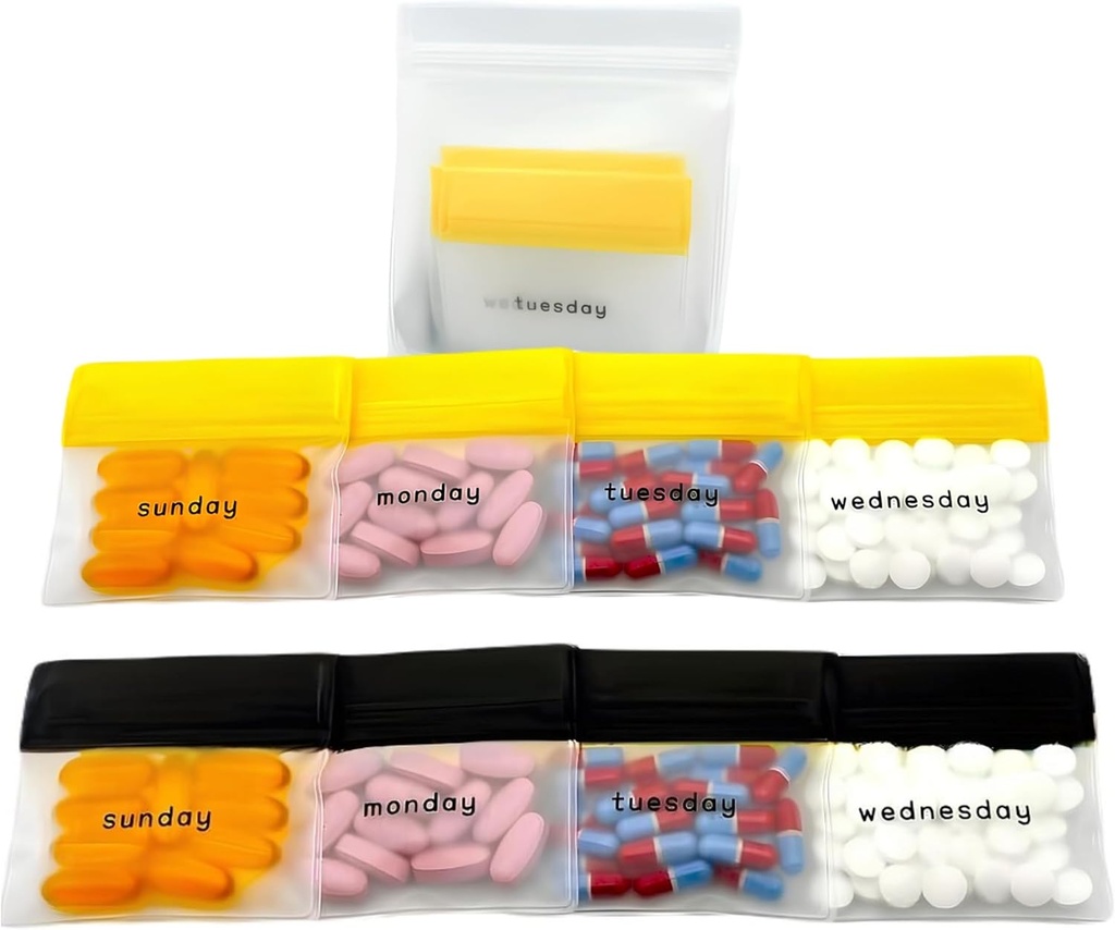 Sacs de poche à pilules AM/PM pour les voyages Sacs à pilules réutilisables de 7 jours avec étiquettes de jours de la semaine, grande capacité pour les vitamines et suppléments, pilules, organisateur de médicaments multi-usages (avec pince à pilules)