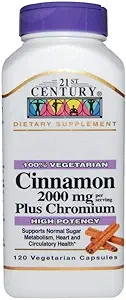 Cinnamon du 21e siècle 2000 mg par portion Plus Capsules végétariennes de chrome 120 ea(paquet de 4)