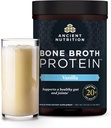 Ancient Nutrition Grass Fed, Cage Free, Bone Broth Protein Powder, 20g Protein, Hydrolyzed Collagen Peptides, Keto & Paleo Friendly, Supports Joint, Gut Health, Vanilla, 20 Servings